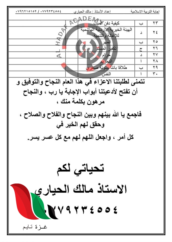 اجابات امتحان التربية الاسلامية نموذج 1 نظاميين